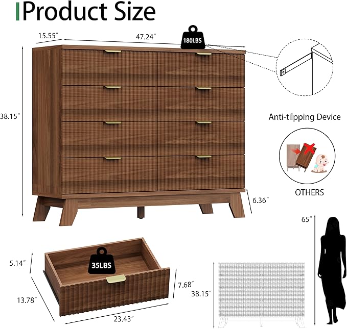 Xixini Fluted Dresser for Bedroom with 8 Drawers, 48" Wide Modern Chest of Drawers with Metal Handle, Wooden Dresser TV Stand, Wood Closet Clothes Storage Organizer for Living Room, Hallway, Walnut