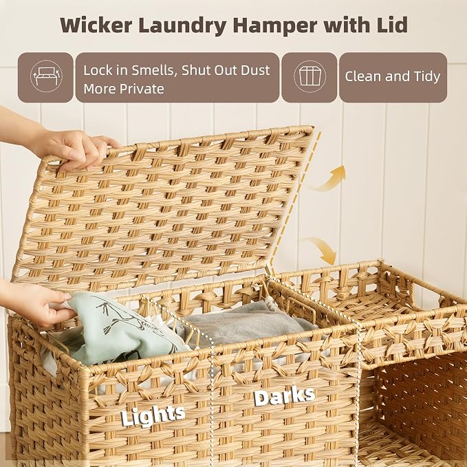 Laundry Hamper with Lid, 160L Rattan Wicker Laundry Basket with Wheels, Handwoven Laundry Hamper 2-Section with Storage shelf(42.3 Gal), Laundry Sorter Basket with Removable Liner, Natural HLH032N - Image 7