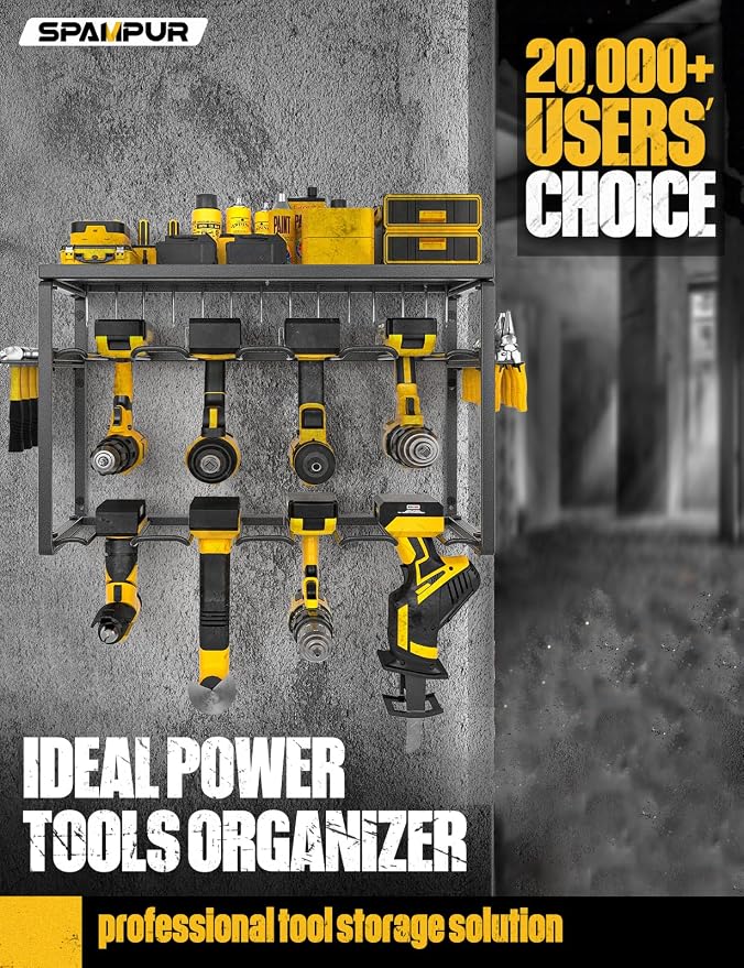 Spampur Power Tool Organizer, 8 Drill Holders Wall Mount, 3 Layer Heavy Duty Metal Storage for Garage Organization, Tools Storage with Hooks, Screwdriver Hammer Holder, Father's Day Mens Birthday Gift - Image 4