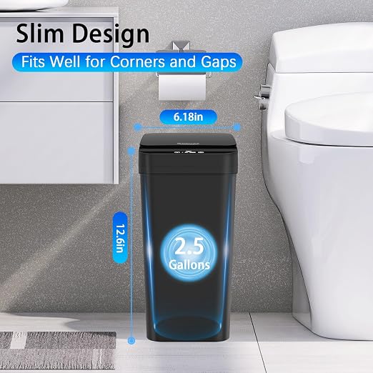 3 Pack Automatic Small Bathroom Trash Can with Lid - 2.5 Gallon Touchless Garbage Can, Motion Sensor Smart Trash Bin, Slim Dog Proof Trashcan, Waterproof Wastebasket for Bedroom Office Kitchen (Black) - Image 3