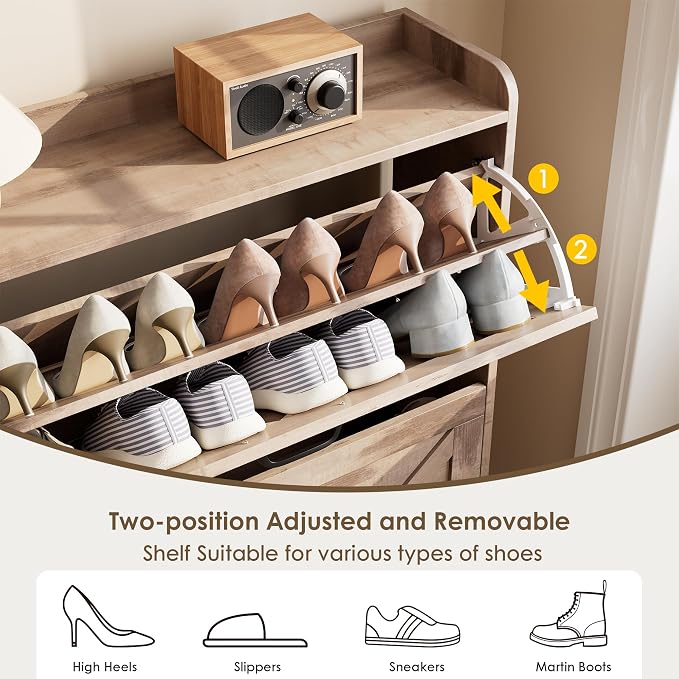 Nicetree Shoe Cabinet with 2 Flip Drawers，Freestanding Shoe Storage Cabinet, Narrow Shoe Organizer Cabinet, Farmhouse Slim Shoe Rack Cabinet for Entryway,Toasted Oak - Image 7