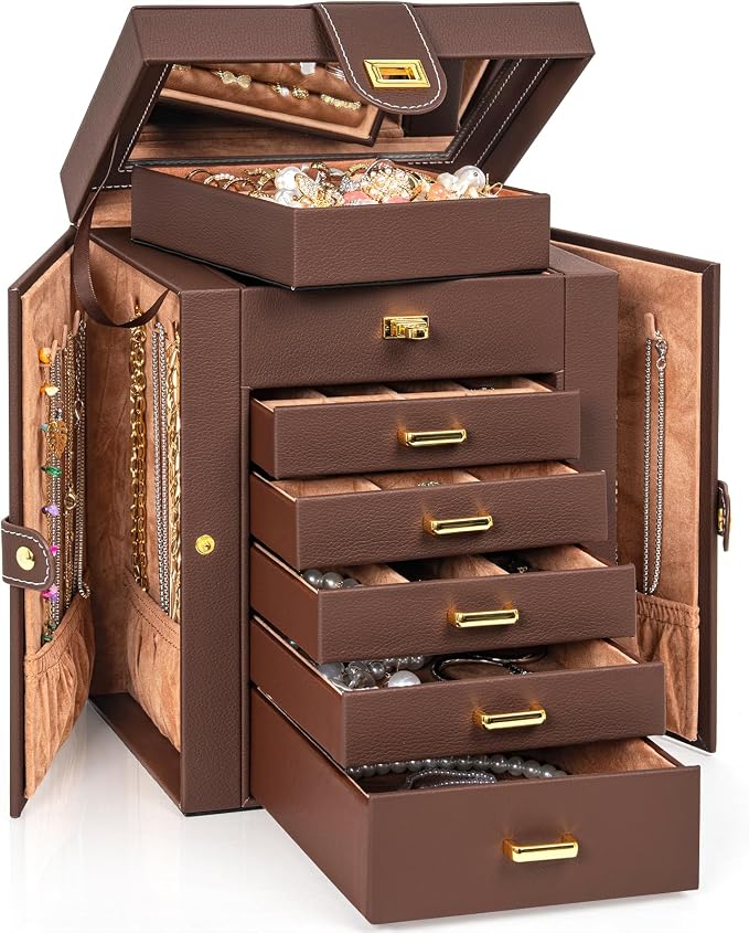 AKOZLIN Jewelry Box Organizer Functional Leather Jewelry Storage Case for Women Girls Ring Necklace Earring Bracelet Holder Organizer with Mirror Brown - Image 7