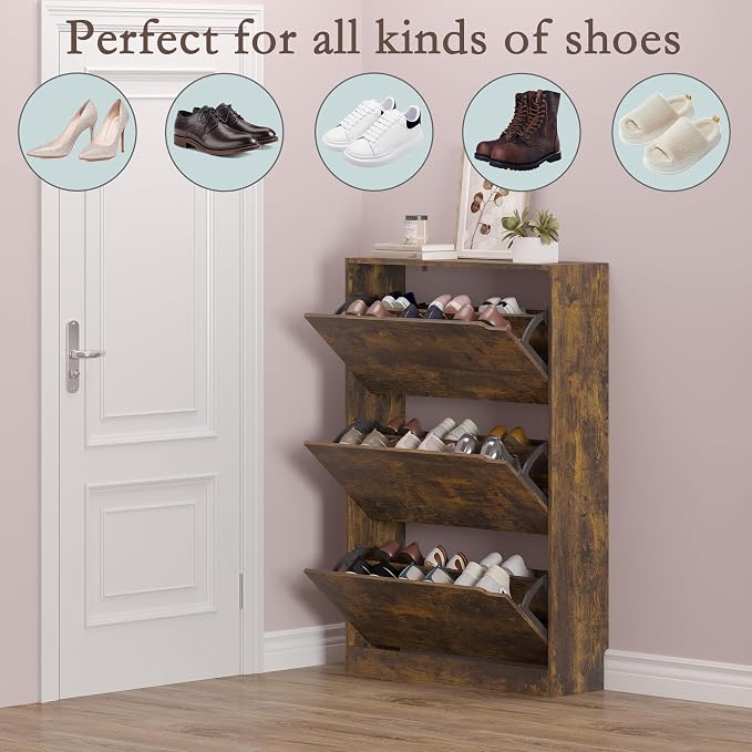 BORNOON Shoe Cabinet with 3 Flip Drawers, Hidden Wood Shoe Cabinet,Freestanding Shoe Storage Cabinet for Entryway Hallway - Image 4