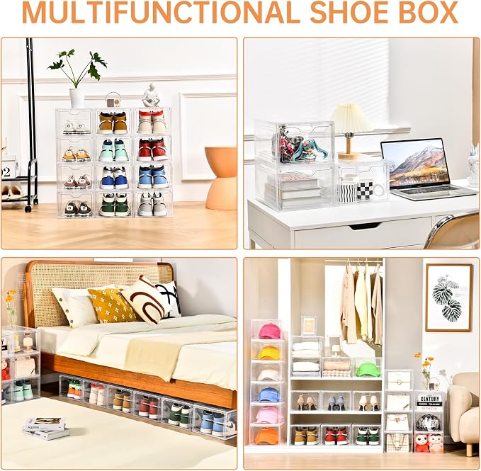 INSTY 6 Pack Large Shoe Storage Box, Clear Shoe Storage Organizer with Magnetic Door, Stackable,Shoe Containers For Display Sneakers, Easy Assembly, Fit up to US Size 12, Clear - Image 6