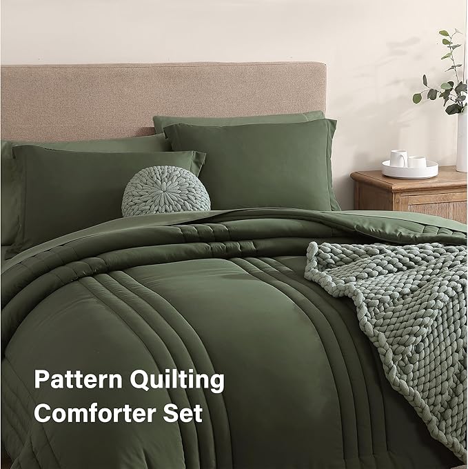Monbix King Size Comforter Set - 7 Pieces Bed in a Bag King, Olive Green Bedding Sets with Comforter, All Seasons Comforter Bed Set with Sheets, Pillowcases & Shams