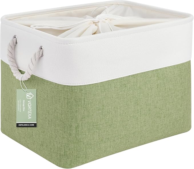 Large Storage Baskets- 16x12x12 inch Storage Bins for Shelves and Closet Organizing, Foldable Fabric Bin for Home Organization Clothes and Laundry (1-Pack, White&Green) by VQRTEXAStorageBasket