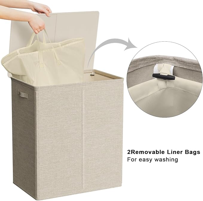 WOWLIVE 154L Double Laundry Hamper with Lid and Removable Laundry Bags, Large Dirty Clothes Hamper 2 section Collapsible Laundry Basket Dorm Room Storage for Bedroom, Bathroom, College,Wheat - Image 4