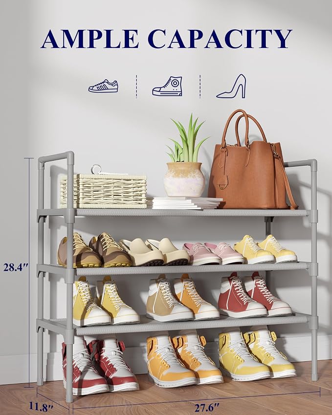 Kitsure Shoe Rack - 3-Tier Shoe Organizer, Shoe Rack for Closet, Entryway, Bedroom, Easy- Assembly Storage Shelf with Side Handles, 27.6" Wide - 3 Tiers, Grey - Image 2