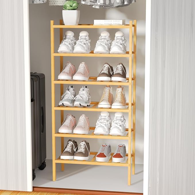 ROMGUAR CRAFT 6-Tier Bamboo Small Shoe Rack, Free Standing Wood Shoe Shelf Storage Organizer for Closet Entryway Stackable (Natural) - Image 6