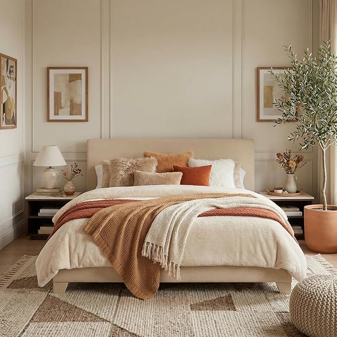 SHA CERLIN Upholstered Full Size Bed Frame with Adjustable Headboard, Stable Mattress Foundation, Strong Back-Support, No Box Spring Needed, Beige