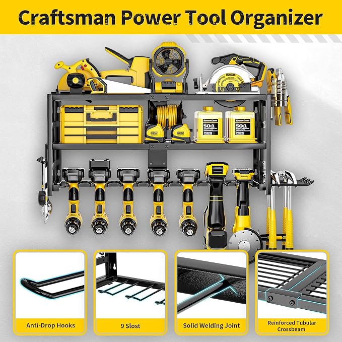 Power Tool Organizer Wall Mount Heavy Duty 320 lbs, 3 Layers Storage Rack with 9 Drill Holders & Battery Storage, cordless tool organizer for Garage, Workshop & Tool Room - Image 5