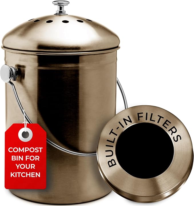 EPICA Countertop Compost Bin Kitchen | 1.3 Gallon | Odorless Composting Bin with Carbon Filters | Indoor Compost Bin with Lid | Stainless Steel Kitchen Composter for Food Scraps & Waste Recycling by Epica