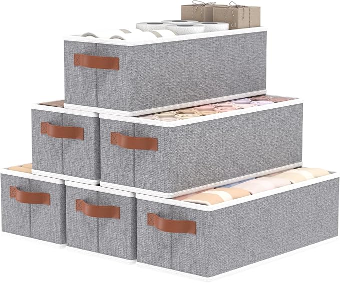 OUTBROS Storage Bins, Foldable Baskets for Organizing, Fabric Boxes With Handles, For bedrooms, living rooms, Shelves, Grey, 15 x 6.1 x 5.1 inch, 6-Pack by OUTBROS