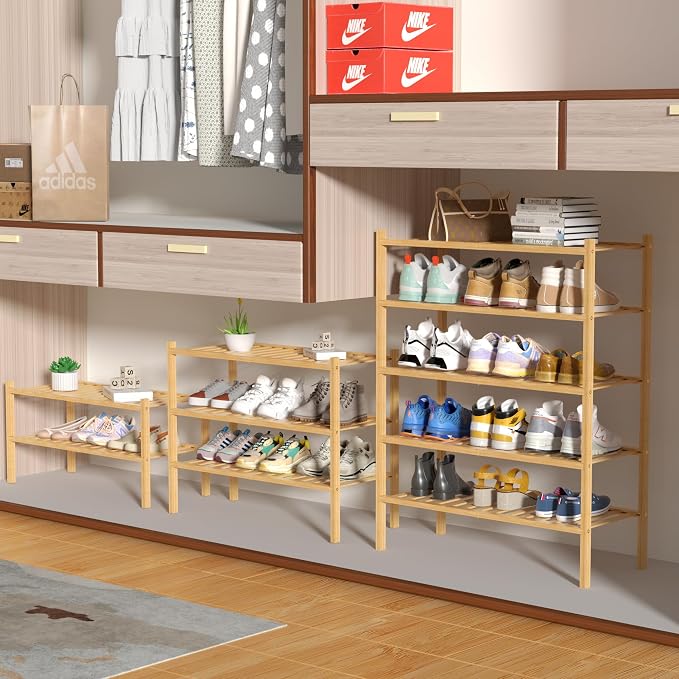 ROMGUAR CRAFT 5 Tier Bamboo Shoe Rack for Closet Free Standing Wood Shoe Shelf for Entryway Small Space Stackable 27"x11"x33" (Natural) - Image 4