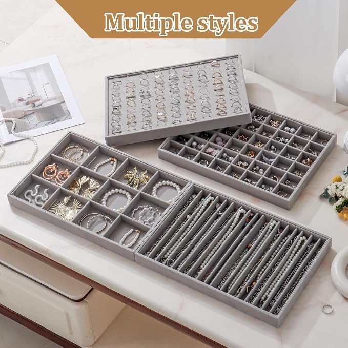 Large Velvet Jewelry Tray 2 Pack Stackable Jewelry Display Drawer Inserts Trays Organizer for Earring Bracelet Necklace Ring (Gray, 48 Grids) - Image 6