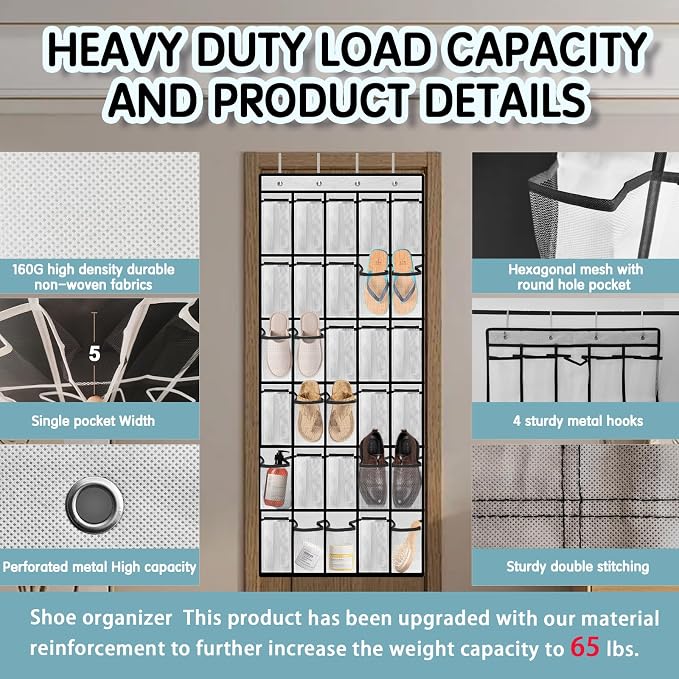 Kotkn Over the Door Shoe Organizer with 30 Breathable Mesh Pockets - Large Capacity Closet Storage for Men & Women, Hanging Shoe Rack Organizer (White) - Image 2