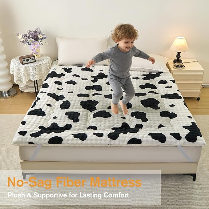 King Mattress Pad 78 x 80 inches, King Size Mattress Cover Warm Thicken Velvet Breathable and Comfortable with 4 Elastic Band, Deep Pocket Stretchable up to 15 inches Washable, Cow Pattern