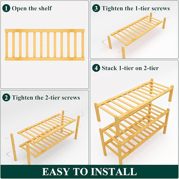 Smiry Shoe Rack, 3 Tier Thick Bamboo Shoe Organizer, Stackable Free Standing Wooden Shoe Storage Shelf for Closet, Entryway, Front Door Entrance, Natural - Image 5
