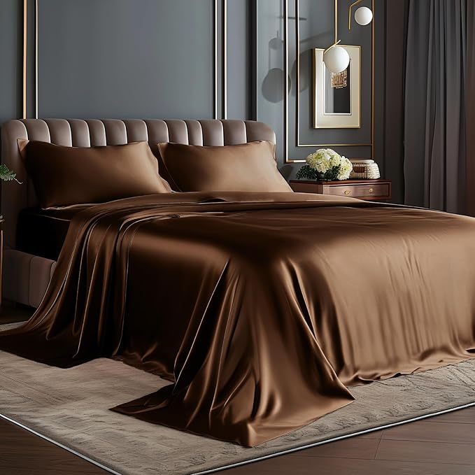 BEDELITE Satin Sheets Twin Size Bed Set, Luxury Soft Brown Silky Sheets for Hair and Skin, Similar to Silk Bed Sheets Set 3 Pieces with 1 Deep Pocket Fitted Sheet, 1 Flat Sheet, and 1 Pillowcase