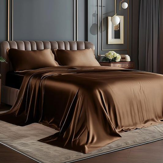 BEDELITE Satin Sheets Twin Size Bed Set, Luxury Soft Brown Silky Sheets for Hair and Skin, Similar to Silk Bed Sheets Set 3 Pieces with 1 Deep Pocket Fitted Sheet, 1 Flat Sheet, and 1 Pillowcase