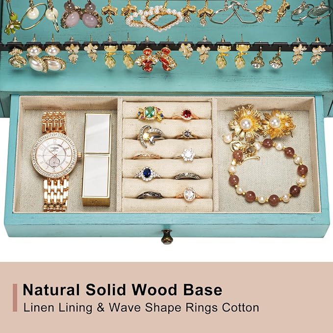Pinzoveco Earring Organizer, 5 Layer Earring Holder Organizer with Necklace Holder Pole, Rustic Wood Jewelry Organizer Stand Display for Stud Earring Bracelet Necklace Ring, 175 Earring Holes - Image 3