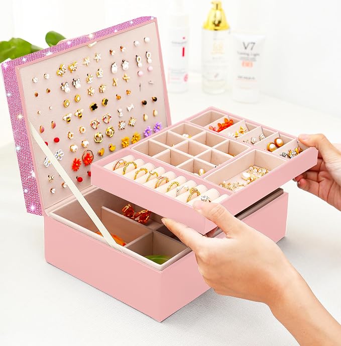 QBestry Jewelry Box for Earrings for Girls Jewelry Organizer Box Earring Holder Organizer for Girl Earring Box Jewelry Box Stud Earring Organizer for Girls Earring Jewelry Boxes for Women Pink Bling - Image 8