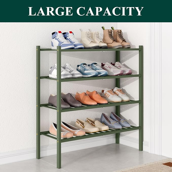 Smiry Bamboo Shoe Rack for Closet, 4 Tier Wooden Stackable Shoe Organizer, Free Standing Shoes Storage Shelf for Entryway, Front Door Entrance, Green - Image 4