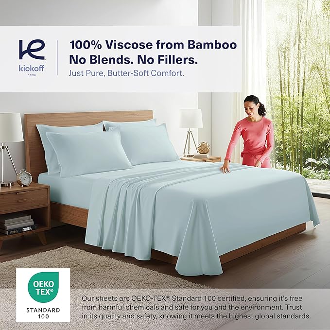 Kickoff Viscose Bamboo Sheets Short Queen Size 4-pc 100% Organic Bamboo Viscose Bed Cooling Sheets Short Queen Size Set Cool Bedding for hot sleepers sheet, Flat, Fitted, Pillowcases (Coastal Blue,SQ)