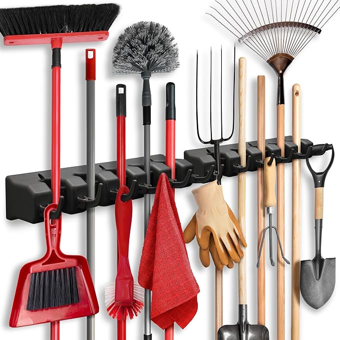 2 Pack Mop and Broom Holder Wall Mount - Garage Storage Organizer with 5 Slots, 6 Hooks, 7.5lbs Capacity Per Slot - Home, Kitchen, Closet, Laundry Room Organization – Black Broom Hanger by HOMEIT