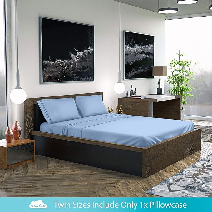 DREAMCARE Twin XL Sheet Sets - 3 pcs Breathable Cooling Bed Sheets - up to 21" Extra Deep Pocket Twin XL Sheets Set with Side Pockets - Extra Soft 100% Brushed Hypoallergenic Hotel Luxury - Blue