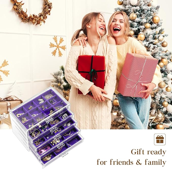 ProCase Earring Holder Organizer Jewelry Box with 5 Drawers, Acrylic Clear Earring Case with Adjustable Velvet Trays for Women - Purple, 5 Layers - Image 7
