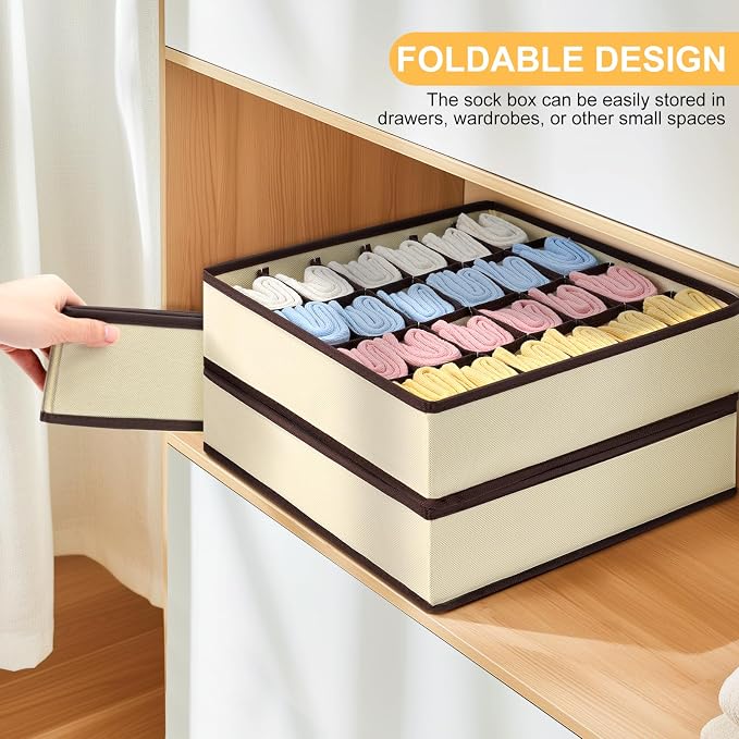 Joyoldelf Sock Organizer Drawer Organizer - Underwear Organizer, 24 Cell Collapsible Closet Organizers and Storage Sock Holders Organizers for Storing Socks, Ties, Belts 6 Pack Beige - Image 5