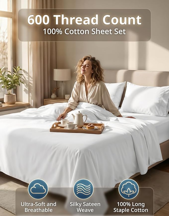 LANE LINEN California King Sheet Sets - 600 Thread Count Premium Sateen Weave for a Hotel Quality Experience - Thick & Breathable Cotton Sheets for Luxury Master Bedrooms - Oeko Tex Certified - White