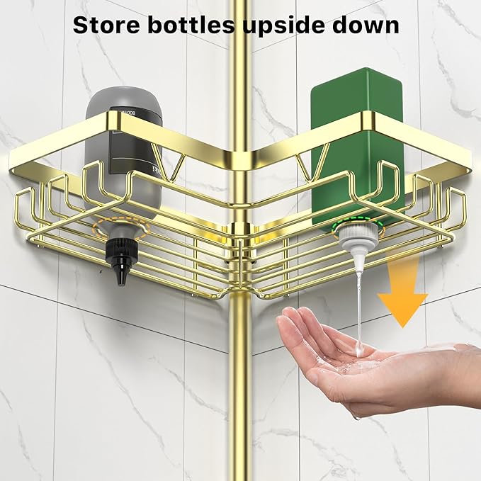 DAOYA Shower Caddy Tension Pole - Gold Corner Shower Caddy Stainless Steel Bathroom Shower Organizer for Tub Tension Rod Corner Shower Shelves(22-114.2inch) - Image 4