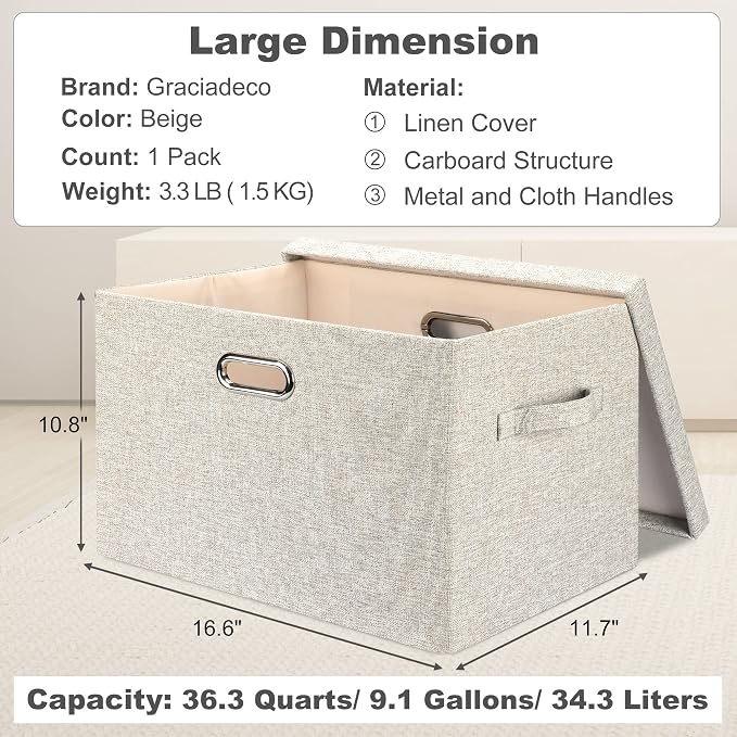 Graciadeco Large 17 36 Quart Collapsible Stackable Storage Bins with Lids, 1 Pack Beige Foldable Fabric Closet Storage Boxes with Lids, 4 Handles Toy Heavyduty Dark Gray Linen Storage Cube Box - Image 2