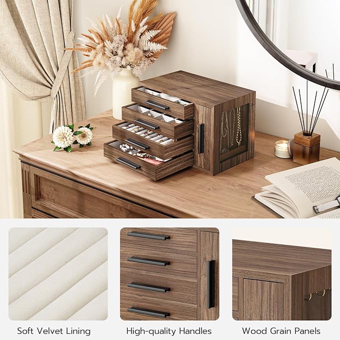 HOOBRO Jewelry Box for Women, Wooden Jewelry Organizer with Transparent Window, 4-Layer Jewelry Organizer Box, Jewelry Holder Organizer for Earrings, Necklaces, Rings, Walnut and Black BH09JB04 - Image 8