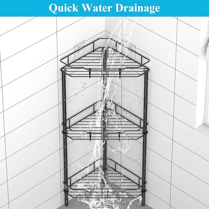 HuggieGems 3 Tier Floor Standing Corner Shower Caddy Organizer Shelf with Hooks, Bathroom Shelves Stand Rack, Black - Image 6