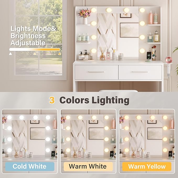 YESHOMY Vanity Desk with Mirror, Makeup Table with 2 Large Drawers, Power Outlet and Round Holder, 3 Color Modes Adjustable Bulb, Bench Included, Easy Assembly, Gloss White