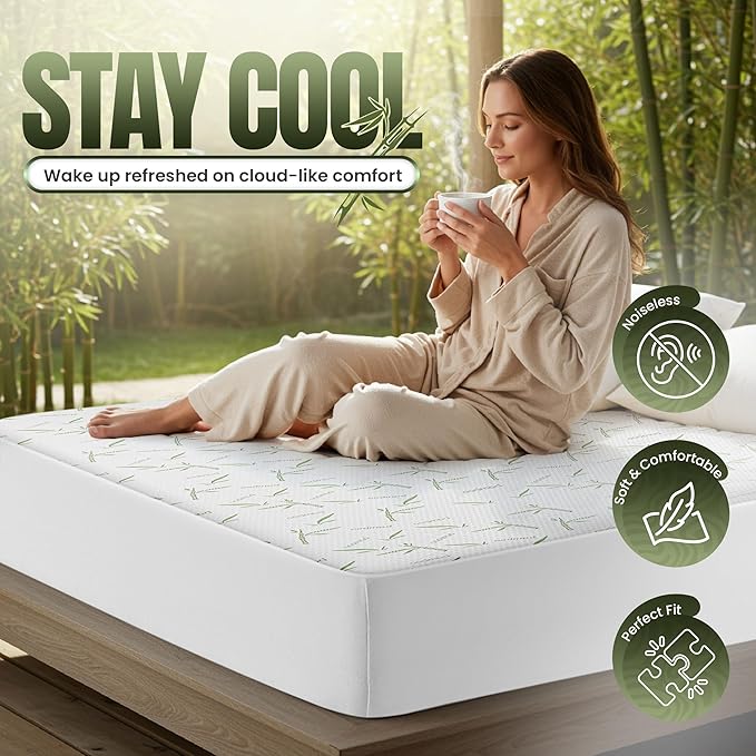 Utopia Bedding Waterproof Mattress Protector California King Size Bed, Premium 200 GSM Bamboo Viscose Cooling Mattress Cover, Soft and Breathable, Fitted Style with 17 Inches Deep Stretchable Pockets