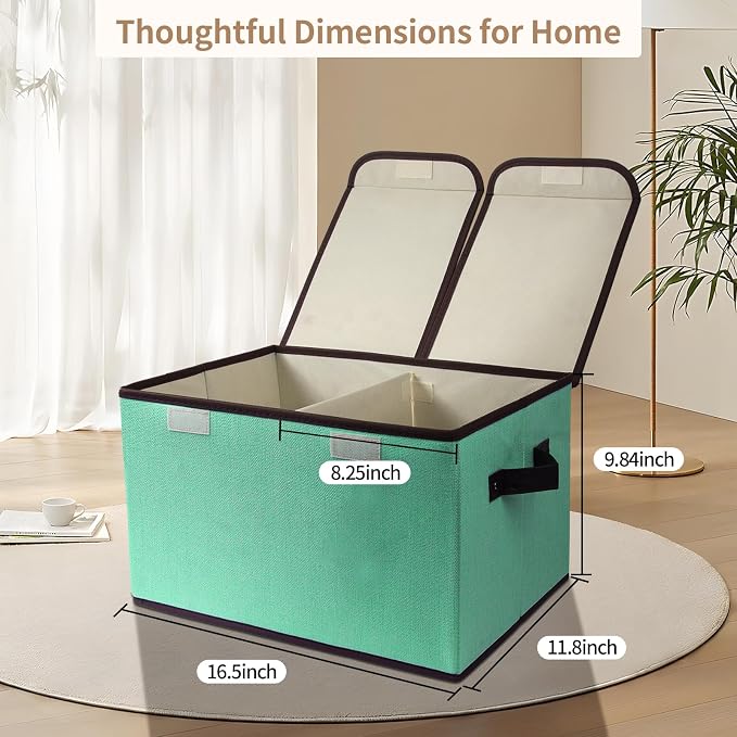 Foldable Fabric Storage Box, 16.5 x 11.8 x 9.8 inches (L x W x H), with Double-Lid & Dividers, Large Organizer for Home, Closet, Office(Green, 1 Pack) - Image 2