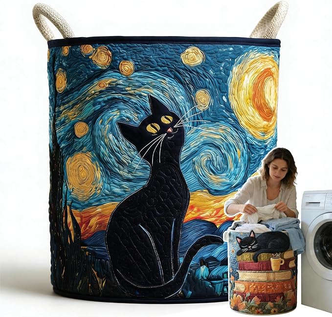 Cat Quilted Laundry Basket - 18"/22"/28", 2026 Large Quilted Cat Laundry Basket with Handles, Cozy Cat Fabric Storage Hamper for Nursery, Bedroom, Laundry Room, Clothes & Toys (2, L 20"X28”) by Unknown