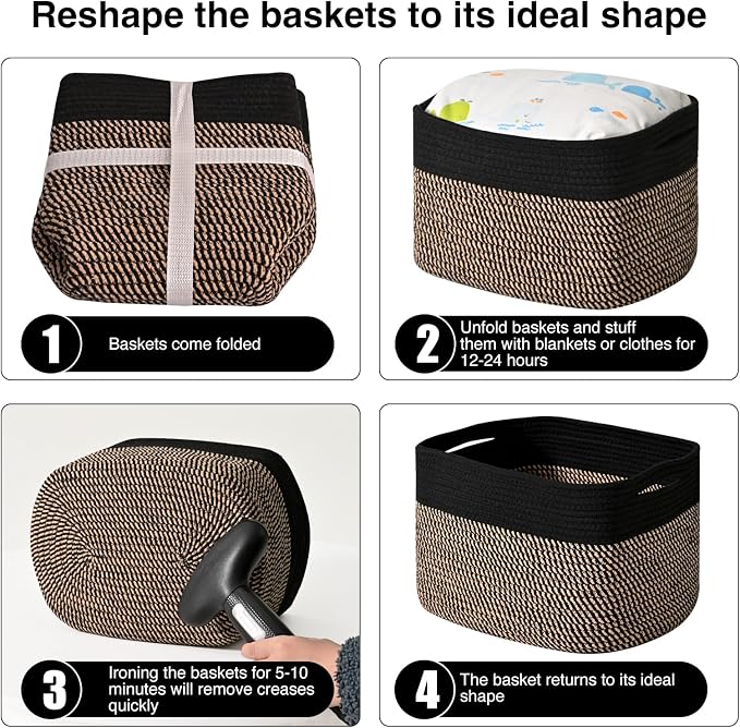 ICERZCZ Storage Baskets for Shelves Organizing, Woven Cotton Rope Baskets for Storage, Book Basket, Decorative Shelf Basket, 12.5"Lx9.1''Wx7.9''H (4 Packs) Black & Jute - Image 7