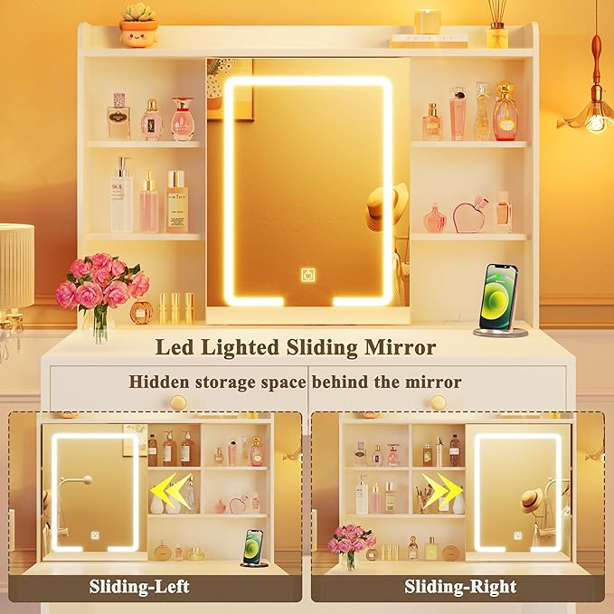 HUAHUU Vanity Desk with Mirror and Lights, 31" Makeup Vanity Desk with Lights 3 Colors, Small Vanity with 2 Storage Drawers & 6 Shelves for Girls Women Bedroom, White