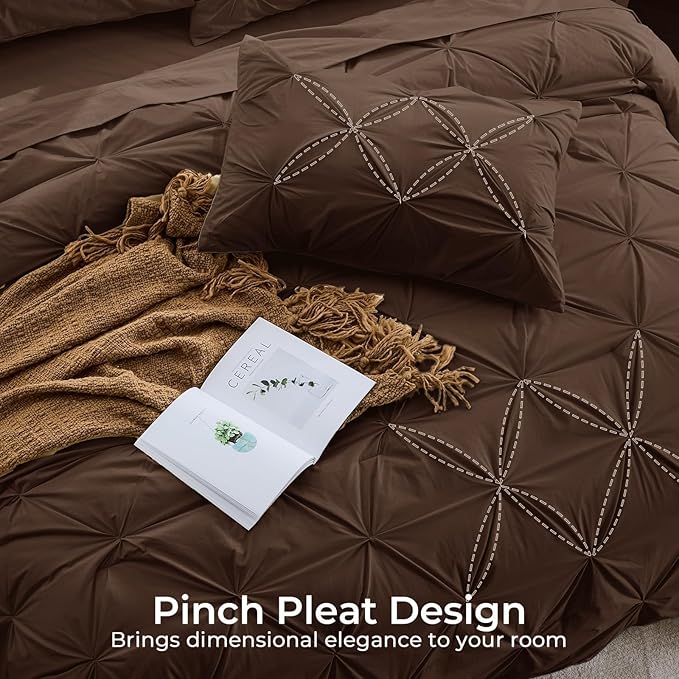 Sasttie Queen Comforter Set, 7-Piece Bed in a Bag, Pintuck Bedding Sets for All Season, Includes Comforter, Flat Sheet, Fitted Sheet, Pillowcases and Pillowshams, Dark Brown