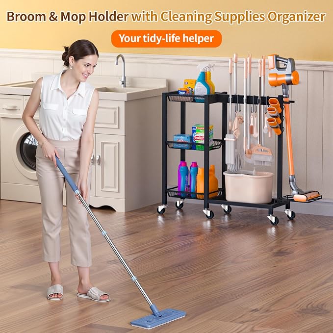 Broom Holder with Cleaning Supplies Organizer Load 350 LBS Cleaning Cart with Wheels Broom Closet Storage with 3-Tier Shelves, 6 Mop Hanger Grippers, 3 Double-Hooks, Vacuum Stand for Laundry Garage - Image 7