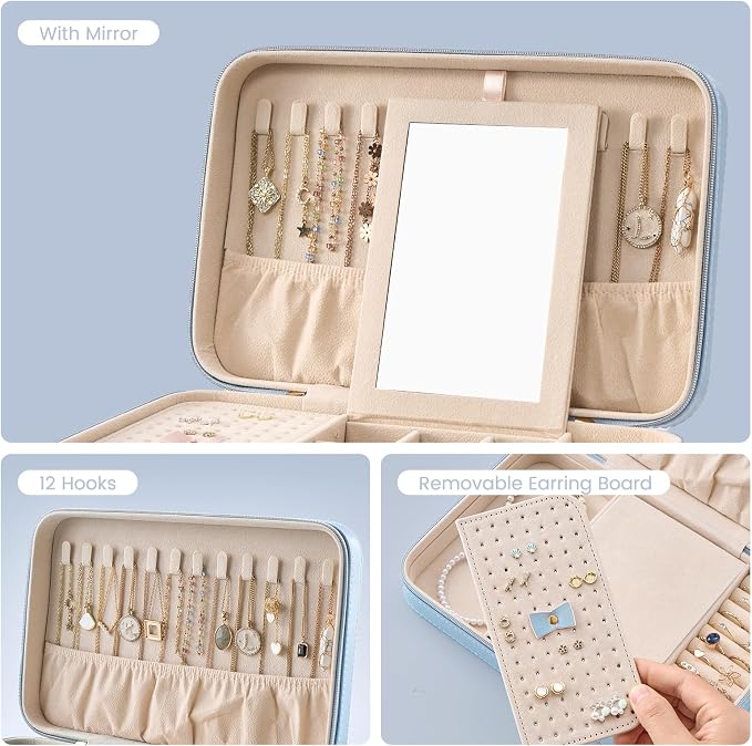 Lolalet Travel Jewelry Case for Women Girls, Travel Jewelry Organizer Box with Mirror & Clear Storage Bag, Small Portable Earring Necklace Bracelet Ring Case, Birthday Valentine Gifts -Large, Blue - Image 5