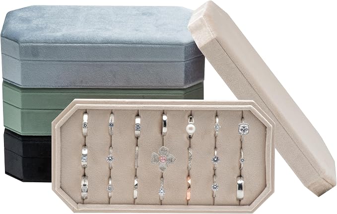 Velvet Ring Organizer Display Tray Jewelry Box Earring Holder Case for Wedding Birthday Christmas Day (Beige) - Image 7
