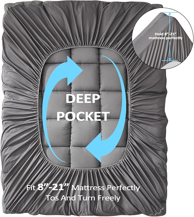 TopTopper Mattress Topper Queen, Extra Thick Cooling Mattress Pad Cover for Back Pain, Breathable Mattress with 8-21" Deep Pocket, 5D Snow Down Alternative Overfilled Plush Pillow 60"x80" Dark Grey