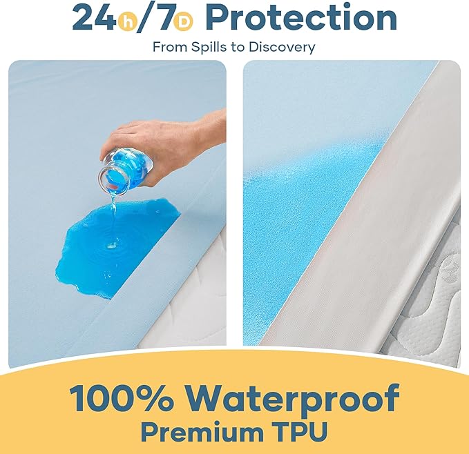 OhGeni 100% Waterproof Mattress Protector, Queen Size Blue, Fitted Sheet with Deep Pockets, 6''-18'', Premium Noiseless Breathable Soft Material, Mattresses Cover for Bed