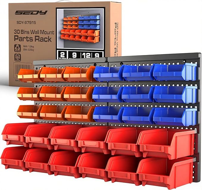 SEDY 30-Bin Wall-Mounted Storage Rack System - Heavy-Duty Garage Tool Organizer for Screws, Nuts, Bolts, Nails, Beads, and Small Hardware Parts - Easy Installation and Customizable by SEDY